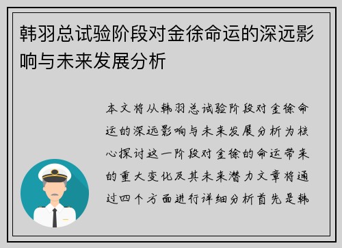 韩羽总试验阶段对金徐命运的深远影响与未来发展分析