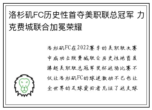 洛杉矶FC历史性首夺美职联总冠军 力克费城联合加冕荣耀 洛杉矶FC历史性首夺美职联总冠军 力克费城联合加冕荣耀